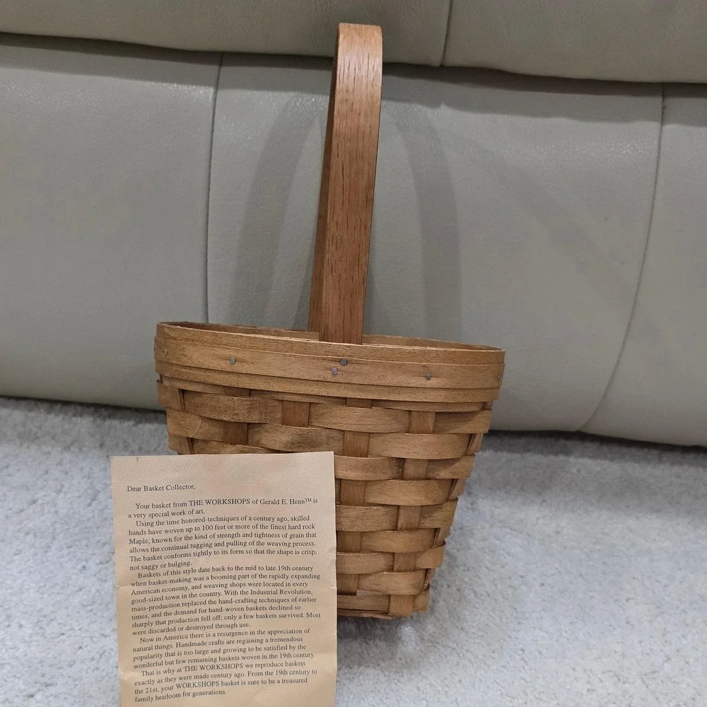 Workshops of Gerald E Henn Handwoven‎ Wood Basket with Handle 1997 Small Vintage